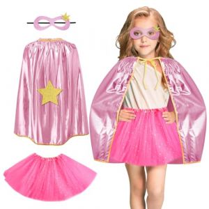 AUYAO Capes de Super Héros pour Filles, 3Pcs Cape et Masque de Super Héros avec Jupe Tutu, Masque Super Heros, Costumes de Super Habiller, Deguisement de Super Héros Enfant pour Halloween, Carnaval (Yadark, neuf)
