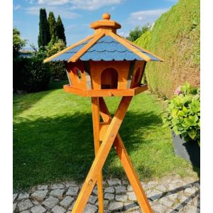 DARLUX Mangeoire pour oiseaux - Taille L ou XL - Hexagonale - En bois - Station d'alimentation - Marron/bleu, rouge, noir et vert (XL avec support, bleu - marron) (GL&Uuml;H-WELT, neuf)