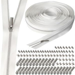 VOKABY 3# 9 M Fermeture Eclair au Metre,Comprenant 30 Tirettes de Fermeture &agrave; Glissi&egrave;re en M&eacute;tal,60 Boucles d'arr&ecirc;t Sup&eacute;rieures Inf&eacute;rieures de Fermeture &agrave; Glissi&egrave;re (Blanc-Argent) (VOKABY, neuf)
