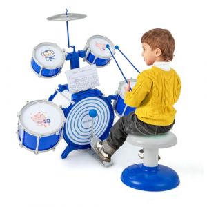 DREAMADE Ensemble de Batterie de Jazz pour Enfant 3+ Ans , Kit avec Cymbale, 5 Tambours, 2 Baguettes, Pupitre & Pédale, Jouet d'Instrument à Percussion avec Tabouret (DREAMADE, neuf)