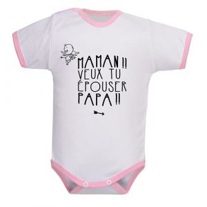 Body b&eacute;b&eacute; message maman, veux tu &eacute;pouser papa, demande en mariage, v&ecirc;tement enfant, 100% coton - blanc/rose, 0-3 mois (idylea, neuf)