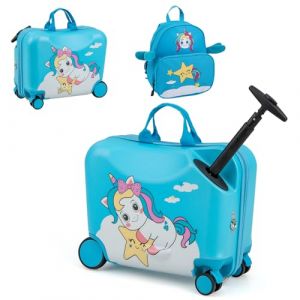 GOPLUS Valise Enfant Fille Garçon, Valise Enfant à roulettes 18" & Sac à Dos 12", Bagage Voyage Enfant d'Assise avec Repose-Pieds, Surface Étanche, Poignée Réglable, Motif Licorne Bleu, Charge 50/8KG (Augenstern24, neuf)