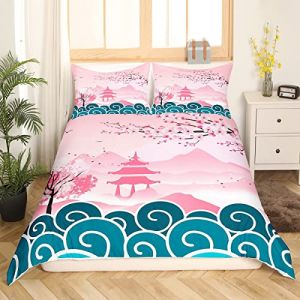 Thème Japonais Ukiyoe Housse de Couette Hokusai Motif Parure Housse de Couette Style Japonais Floral Parure de Lit 140x200cm pour Enfants Adultes Ultra Doux Décor De Chambre (Bofanshangmao, neuf)