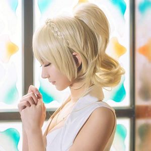 LINLINCD Perruque de cosplay FF15 XV Lunafreya Nox Fleuret Princesse Luna Tressée résistante à la chaleur Costume de cosplay + trappe + casquette (qiu lai shan mao hang, neuf)
