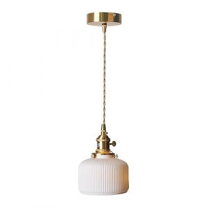 MODEBHD Suspension en céramique rayée, Suspension à Abat-Jour Blanc, plafonnier cylindrique en Laiton, Lustre réglable en Corde, plafonnier Suspendu à Base E27, Chambre à Coucher, Chevet (Jiazheng stor, neuf)