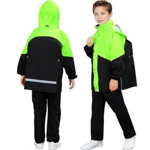 Baogaier Enfants Imperm&eacute;able &agrave; Capuche, Unisexe Fille Gar&ccedil;on L&eacute;ger Manteau Veste de Pluie et Pantalon Combinaison avec Bandes R&eacute;fl&eacute;chissante, pour Sport Randonn&eacute;e Voyage 13-14 Ans, Vert Noir (Baogaier, neuf)