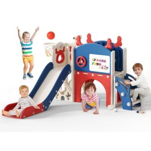 Toboggan pour Enfants 10 en 1 en Forme d'&eacute;lan avec Panier de Basket, Golf, t&eacute;lescope, Structure d'escalade,Toboggan d'int&eacute;rieur pour Enfants,Jouets d'aire de Jeux Montessori(Bleu-Rouge) (WARM HEART LIMITED, neuf)