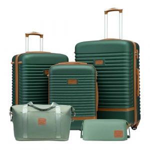 COOLIFE Valise Trolley Valise de Voyage en ABS Coque Rigide Trolley 4 Roues Serrure TSA La Valise Contient 1 Sac de Voyage et 1 Trousse de Toilette (Vert fonc&eacute;/Marron, Lot de 5 valises) (Coolife EU Directly, neuf)
