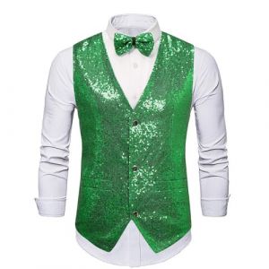 Gilet &agrave; paillettes pour homme et femme - Gilet de costume &agrave; paillettes - Col en V - Veste de costume pour carnaval, discoth&egrave;que, club, mariage et f&ecirc;te, H vert., L (SDFKLJV, neuf)