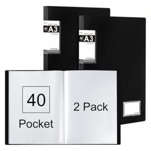 Srvnpioy Lot de 2 Classeur de Pr&eacute;sentation &agrave; 40 Pochettes 80 Vues, Format A3, Porte-Vues A3 Pr&eacute;sentation Affichage du Livre Prot&egrave;ge Document pour Portfolios, Dessin et Peinture (Noir) (SIYU FR, neuf)