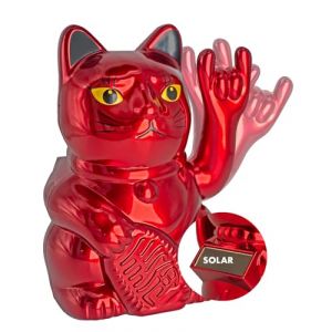 ANGRY CAT Mini Chat Porte-Bonheur Solaire fonctionnant avec Un Doigt d'honneur Amusant - Chat Japonais avec Doigt d'honneur - Figurine d&eacute;coration - Rouge m&eacute;tallis&eacute;, 10 cm (EINHORN DREAMS, neuf)