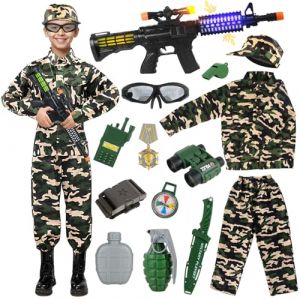 Deguisement Militaire Enfant Costume Militaire Enfant, Camouflage Tenue Militaire D&eacute;guisements pour Enfants,Costume Arm&eacute;e Soldat Mitraillette Jouet T&eacute;lescope Walkie Talkie pour Halloween Carnaval (HUAJIESW, neuf)