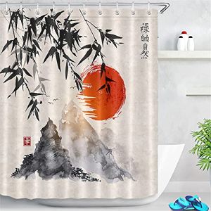 LB Rideaux de Douche Sumi-e Japonais 120x175CM Bambou Montagne Soleil Rouge Rideaux de Bain avec Crochets,Imperméable Polyester Anti Moule Salle de Bain Décor (JinShiZhuan, neuf)