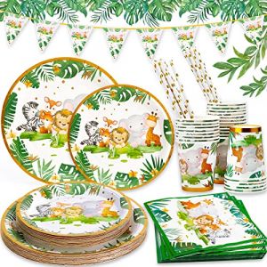 MULEVIP 135 PCS Party Vaisselle, Jungle Animaux Vaisselle Anniversaire de F&ecirc;te, Anniversaire Gar&ccedil;on Assiette Serviettes ​pour Enfants Party Mariages Baby Shower (GROSU SHOP ONLINE, neuf)