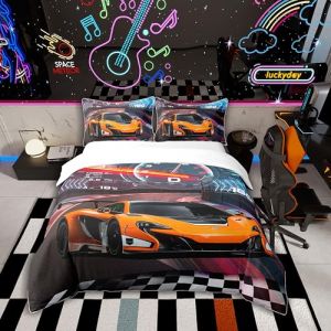 Parure de lit voiture de course pour garçons Sports extrêmes Housse de couette pour enfants Garçons Cooler Car Literie 140 x 200 cm Housse de couette sport automobile avec 1 taie d'oreiller 80x80cm (Bofanshangmao, neuf)