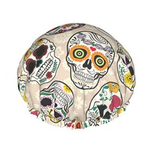 Bonnet de douche à imprimé crâne mexicain pour femmes Bonnets de douche en tissu double couche réutilisables Bonnets de cheveux pour filles (hefeijiapan, neuf)