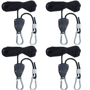 Dazhtu 4 pièces Corde à Cliquet Réglable, Crochets à Cliquet RéGlables 1/8, Poulie à cliquet Convient pour Les luminaires, Les Lampes pour Plantes et Les Pots de Jardinage, Tente Randonnée (RE Premium, neuf)