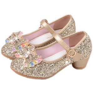 YOGLY Babies Fille Chaussure &agrave; Talon Enfant Ballerine Princesse avec Paillettes Noeud Papillon Chausson Maryjane Princesse Chaussures &agrave; Talons Hauts Enfants Party Pompes,36 EU,Or (EVERY, neuf)