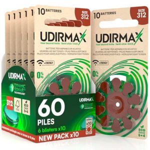 60 Piles Auditives Taille 312 Udirmax PR41 Marron Zinc-Air Eco Pack - 6 Blisters Écologiques de 10 Piles (Eurocali, neuf)