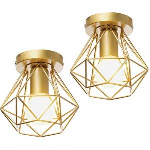 iDEGU Lot de 2 Plafonnier Industriel Vintage Lustre Suspension E27 R&eacute;tro Luminaire Design Cage Fer Lampe de Plafond pour Couloir Salon Cuisine Chambre, &Oslash;16cm (Cage A, Dor&eacute;) (IDEGU, neuf)