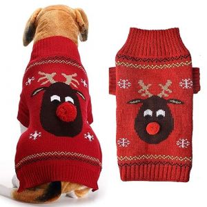 Pet Xmas Pull-Overs - Pull Chiot Sweater à Capuche Tricots Halloween Cartoon Chaud Manteau vêtements de Noël, Costume pour Chien, Chandails De Noël pour Chiens (Cerf à Nez Rouge, Large) (TCCAEZ, neuf)