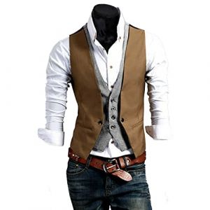 Gilet de costume pour homme - Col en V - Sans manches - Gilet de costume pour homme - Gilet cachemire et cravate - F&ecirc;te Floral Jacquard - Ensemble gilet de mariage, kaki, M (SDFKLJV, neuf)