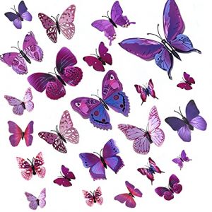 24 Pièces 3D Papillon Stickers Muraux Décoration Papillon pour Fête, Chambre, la Décoration de Gâteau, pour Filles et Garçons (Violet) (YCF-UK, neuf)