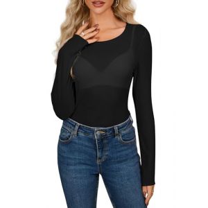 Homlan Hauts Transparent Femme Sexy en Dentelle à Manches Longues Top en Maille Clubwear, M-Noir, XXL (Homlan, neuf)