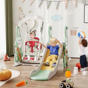 Toboggan pour Enfant 4 en 1,Toboggan pour L'apparence du Lapin,Ensemble Balançoire et Glissière pour Enfants,avec Balançoire,Glissière,Support de Basket - Ball, Bleu (VISTA SHOP ST S.R.L., neuf)