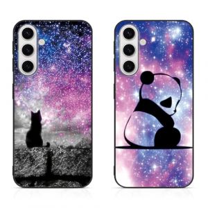 DiaryTown 2 Pi&egrave;ces Coque pour Samsung Galaxy S24 FE 5G &Eacute;tui Noir Silicone Souple Case Cover avec Animal Motif Mince TPU Bumper Antichoc Protection Housse pour Galaxy S24 FE 5G - Chat &eacute;toil&eacute; & Panda (DiaryTown, neuf)