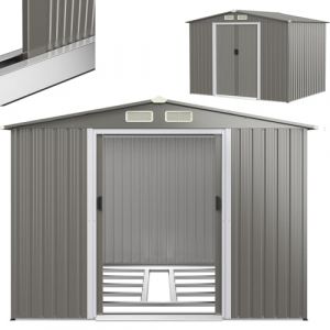 RELAX4LIFE Abri de Jardin en Tôle d’Acier Galvanisée avec Fondation et Double Porte Coulissante, Cabane à Outils avec Toit en Appentis et Volets 260X206,5 X 108 CM (Toit Gris Clair) (RELAX4LIFE, neuf)