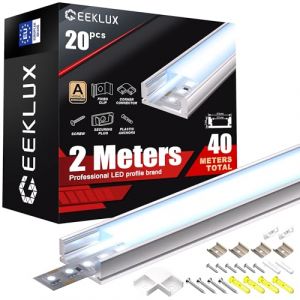 2m&times;20 Profil&eacute; Aluminium LED Rail avec Diffuseur Goulotte Profile Alu pour Ruban cache LED Profil en U Installation Facile Support bande baguette Couvercle Blanc Embouts Clips Montage encastrable placo (YADIANNA LIGHTING, neuf)