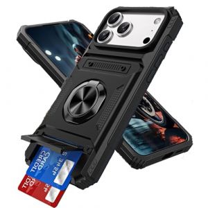 SIYOPINPFY Coque pour iPhone 17 Pro Max 6,9" avec Porte Cartes (2 Cartes) Protection Cam&eacute;ra + Anneau B&eacute;quille Magn&eacute;tique, Antichoc Anti-Rayures Fente &Eacute;tui Housse pour iPhone 17 Pro Max - Noir LM (SIYOPINPFY, neuf)