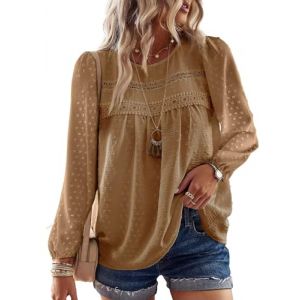 TUUHAW Chemise Femme Chic et &Eacute;l&eacute;gant Automne Grande Taille Manches Longues Boh&egrave;me Top Col Rond Dentelle D&eacute;contract&eacute; Haut T-Shirts Fluide &agrave; Point Suisse Tunique Marron Clair XXL (aiaolan, neuf)