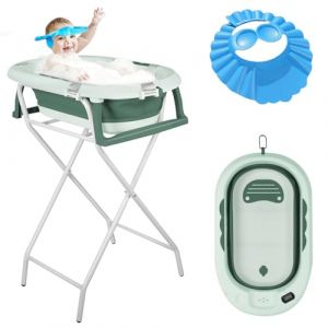 OHMG Baignoire bebe avec Support 85cm，Baignoire Pliable B&eacute;b&eacute; sur Pied，S&eacute;curis&eacute;e et Confortable Bassine Pliable Bebe avec Thermom&egrave;tre et Coussin de bain，Baignoire b&eacute;b&eacute; pliante (jusiZL, neuf)
