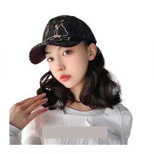 Bonnet de perruque Cheveux longs Bobo Cap Synthétique Chapeau Perruque De Cheveux Naturel Noir Perruques Bowknot Strass Synthétique Chapeau Perruque Chapeau de perruque(B) (haikouhua, neuf)