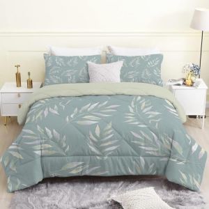 Linfye couette 140x200 Enfant, Feuilles Vert Sauge Imprim&eacute;e Duvet 1 Personne Leg&egrave;re Chaude 4 Saisons, Motifs V&eacute;g&eacute;taux Douce R&eacute;versible Edredon et 2 Taies d'Oreiller 65x65 cm (Linfye Maison Confortable, neuf)