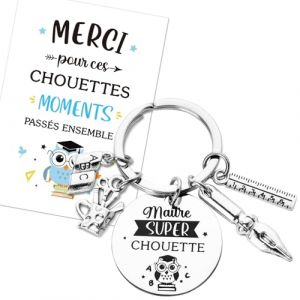 Kit de Cadeau Ma&icirc;tre Porte Cl&eacute; Breloques Ma&icirc;tre Super Chouette Porte Clef Pendentif et Carte Voeux Enveloppe C&oelig;ur Remerciement de Cadeau Maitresse &Eacute;cole Fin d'Ann&eacute;e Graduation (ShanDongYuRui, neuf)