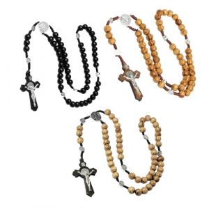 Lot de 3 chapelets en bois d'olivier avec finitions en 3 types de Teka | Chapelet pour homme avec croix de Saint Beno&icirc;t et sculpt&eacute; manuel type perle | Chapelet religieux pour femme | chapelet (Pandidui23, neuf)