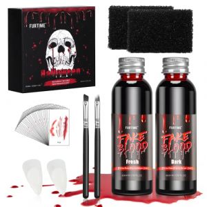 FURTIME Faux Sang Halloween, 60ml de Sang Frais Artificiel, 60ml de Faux Sang Rouge Foncé, Dents de Zombie, 30 Tatouages ​​Temporaires de Cicatrice, Outil de Maquillage D'effets Spéciaux Zombie (simikee, neuf)