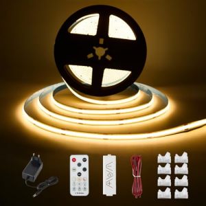 Enteenly Ruban LED COB Blanc Chaud 5 mètres - Kit d'éclairage sous Meuble avec Télécommande RF pour Vitrine, Cuisine, Bureau, étagère, Placard - Adaptateur 24V inclus - 2700K (Dingran, neuf)