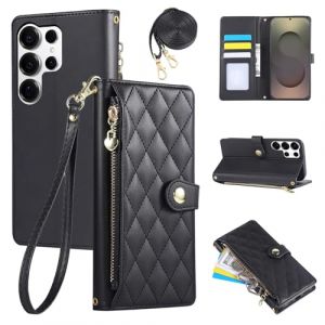 Rosbtib &Eacute;tui pour Samsung Galaxy S25 Ultra 5G 2025 6.9 Pouces, Coque pour t&eacute;l&eacute;phone Portable en Cuir PU avec Broderie en Losange, Galaxy S25 Ultra &Eacute;tui &agrave; Rabat avec dragonne et bandouli&egrave;re, Noir (Tengkai Technology, neuf)