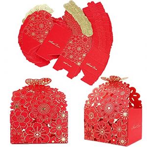 Bo&icirc;te &agrave; Bonbons en Papier Creux, 50 Pcs Bo&icirc;te &agrave; Drag&eacute;es Rouge avec Motif &agrave; Fleurs et Papillon, Bo&icirc;te &agrave; Bonbon Bapt&ecirc;mes, Bo&icirc;tes Cadeaux Vides pour Mariage Bapt&ecirc;me Anniversaire No&euml;l, 7 * 6,5 * 8,5 cm (Wuuooei Direct, neuf)