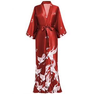 BABEYOND Kimono Long en Satin Robe de chambre Longue pour Femme Peignoir Long Satin avec Motif Grue (Taille Unique) (Rouge foncé) (BABEYOND  FR, neuf)