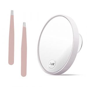 1 miroir de maquillage grossissant 20x avec 2 pinces &agrave; &eacute;piler, loupe ronde avec ventouse pour le maquillage, &eacute;limination des points noirs, taille des sourcils, convient pour la maison, les voyages (WANG DE STORE, neuf)
