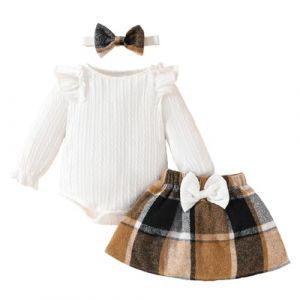 LUVCES Ensemble Jupe B&eacute;b&eacute; Fille d'Automne Manche Longue &agrave; Volants Barboteuse Jupes &agrave; carreaux avec Bandeau V&ecirc;tements pour Nouveau-n&eacute; 3Pcs Blanc 0-3 Mois (SANYI FASHION, neuf)