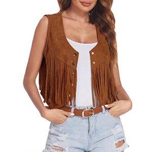 Gilet western pour femme - Faux cowboy &agrave; franges - Veste &agrave; franges - Doux - Cowgirl - Court r&eacute;tro - Costume hippie - Daim - Sans manches - Boho - Manteau ann&eacute;es 70 - Gilet &agrave; franges - Attrayant (⭐⭐⭐⭐⭐yoyo-eo, neuf)