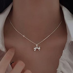 TseenYi Collier Noeud Papillon Argent Collier Pendentif Noeud Papillon Petit Collier Pendentif Perles Minuscules Collier Chaîne Minimaliste Collier Ras Du Cou Bijoux En Chaîne (TseenYi, neuf)