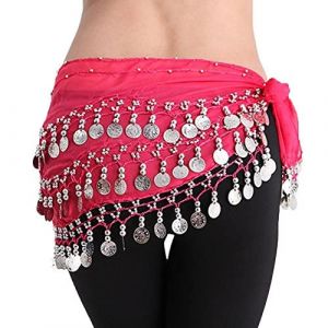 YiLang Ceinture Danse Orientale Femme Fille Foulard Danse du Ventre Belly Dance Soie Foulard à Sequin Écharpe Déguisement (Rouge Rose) (xieqiaohui, neuf)