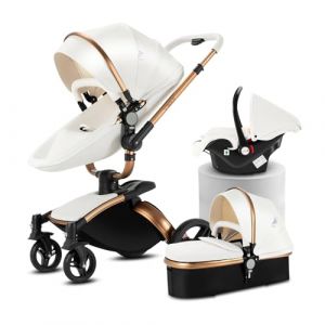 Doraystar 360° Rotation Cuir PU Poussette 3 en 1, Poussette Bebe avec Conception Pliable en Un Clic, Poussette Canne avec Grande Nacelle Confortable, Poussette Trio avec Cadre en Aluminium (906 White) (Ziliang, neuf)